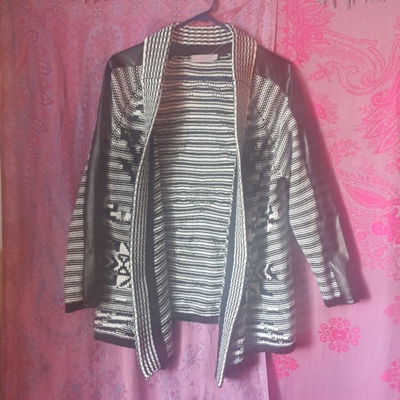 Thick Knit Black White Patterned Striped Winter Cardigan Sweater Jacket - Picture 9 of 9